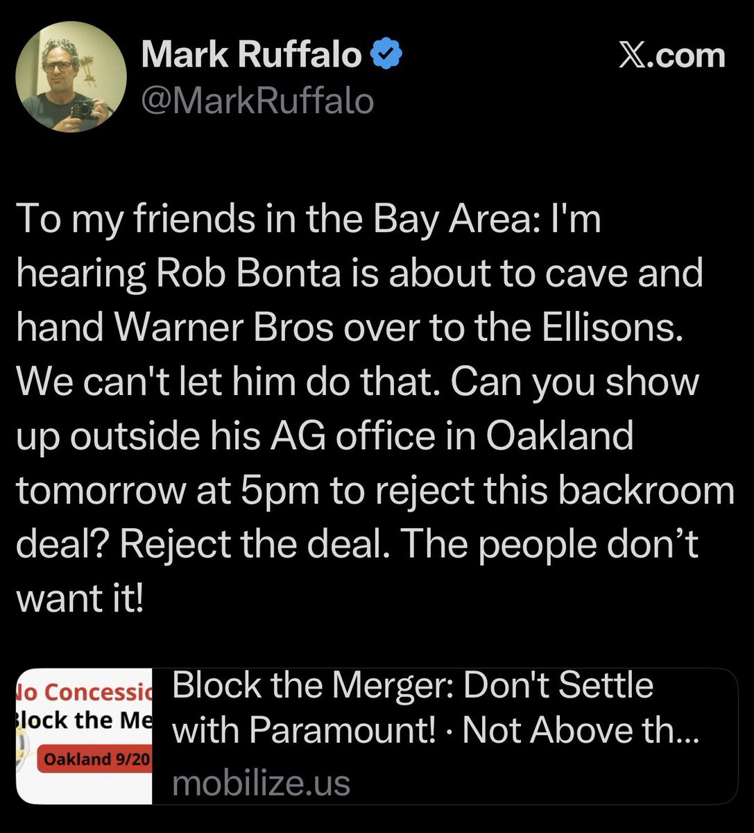 Real_CineSource's tweet photo. Here is the direct quote from Mark Ruffalo stating he has a source that has heard Rob Bonta will agree to the merger! https://t.co/5rEkRRLLZi