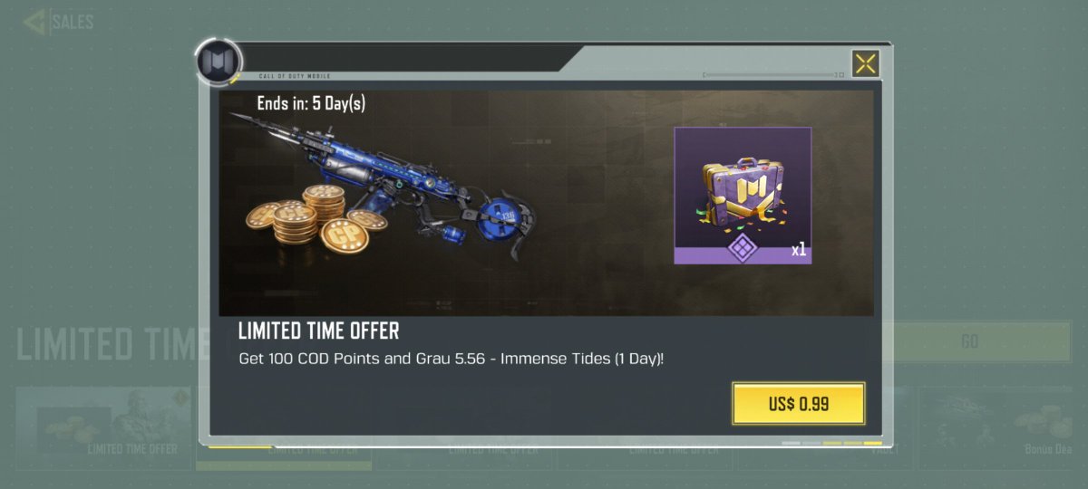 origaries's tweet photo. For just $1, you can get 100 CP + Legendary Grau 5.56 β Immense Tides (1-day trial) in the Sales section.
Available on Global and Garena.
#CODM #CODMobile #ArieStyle https://t.co/19fzScUH8D