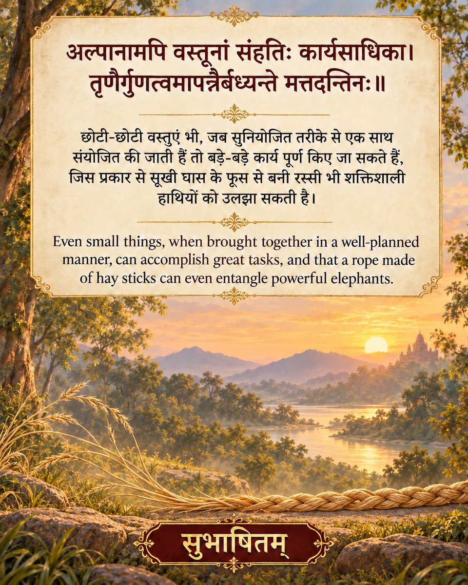 MyGovSanskrit's tweet photo. अल्पानामपि वस्तूनां संहतिः कार्यसाधिका।
तृणैर्गुणत्वमापन्नैर्बध्यन्ते मत्तदन्तिनः॥
#MorningMotivation
#MorningMusings
#Subhashitani https://t.co/En70pR5w4J