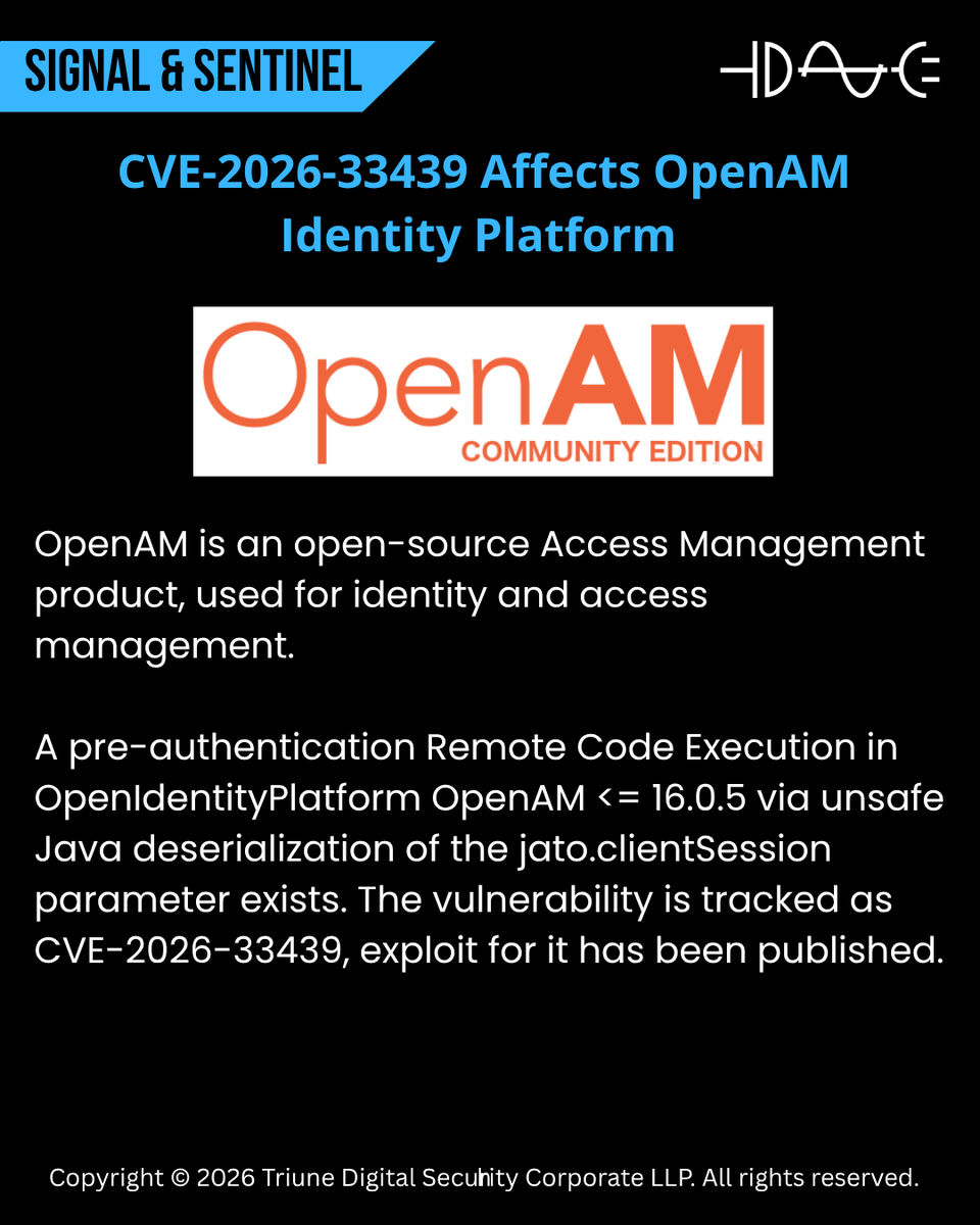 triunedigisec's tweet photo. OpenAM affected by CVE-2026-33439, a pre-auth RCE vulnerability.

#accessmanagement #vulnerability #remotecodeexecution https://t.co/QCaczbc5aI