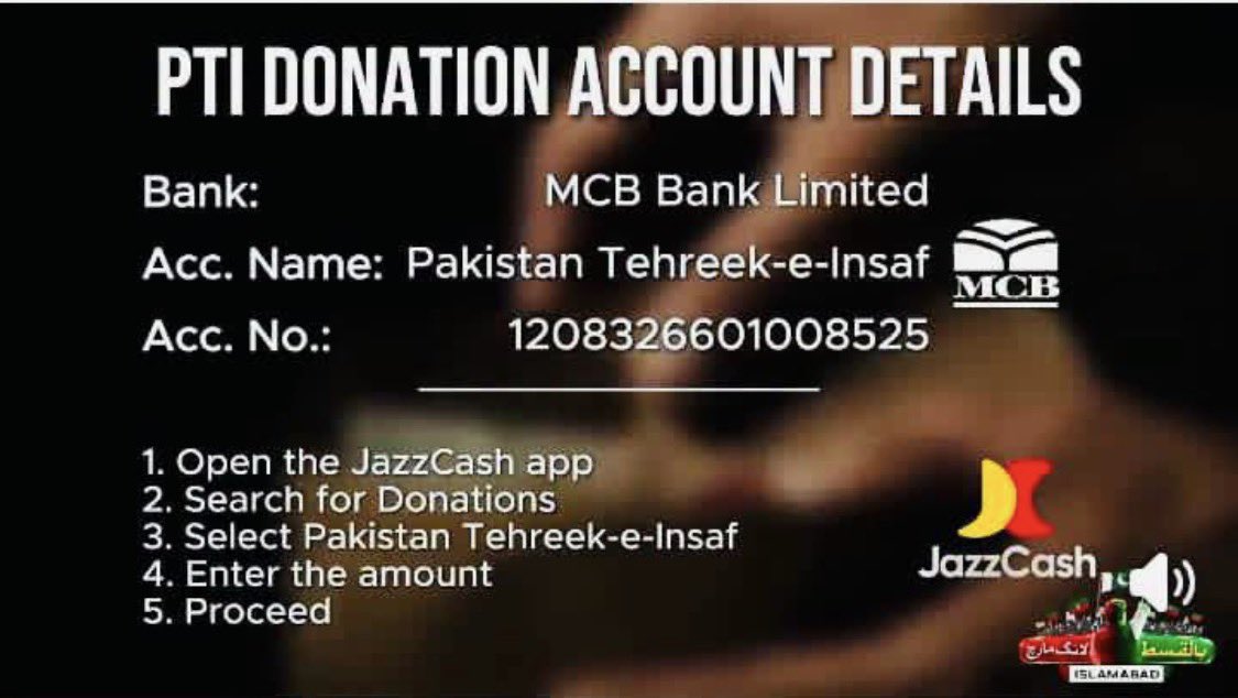 basitawan880's tweet photo. Account Number - 1208326601008525
  Bank Name - MCB bank limited 
Account Name - Pakistan Tehreek-e-Insaf 

اس حقیقی آزادی میں اپنا حصہ ڈالیں صرف 100 روپے عطیہ کریں۔ https://t.co/DyOo3lU1vp