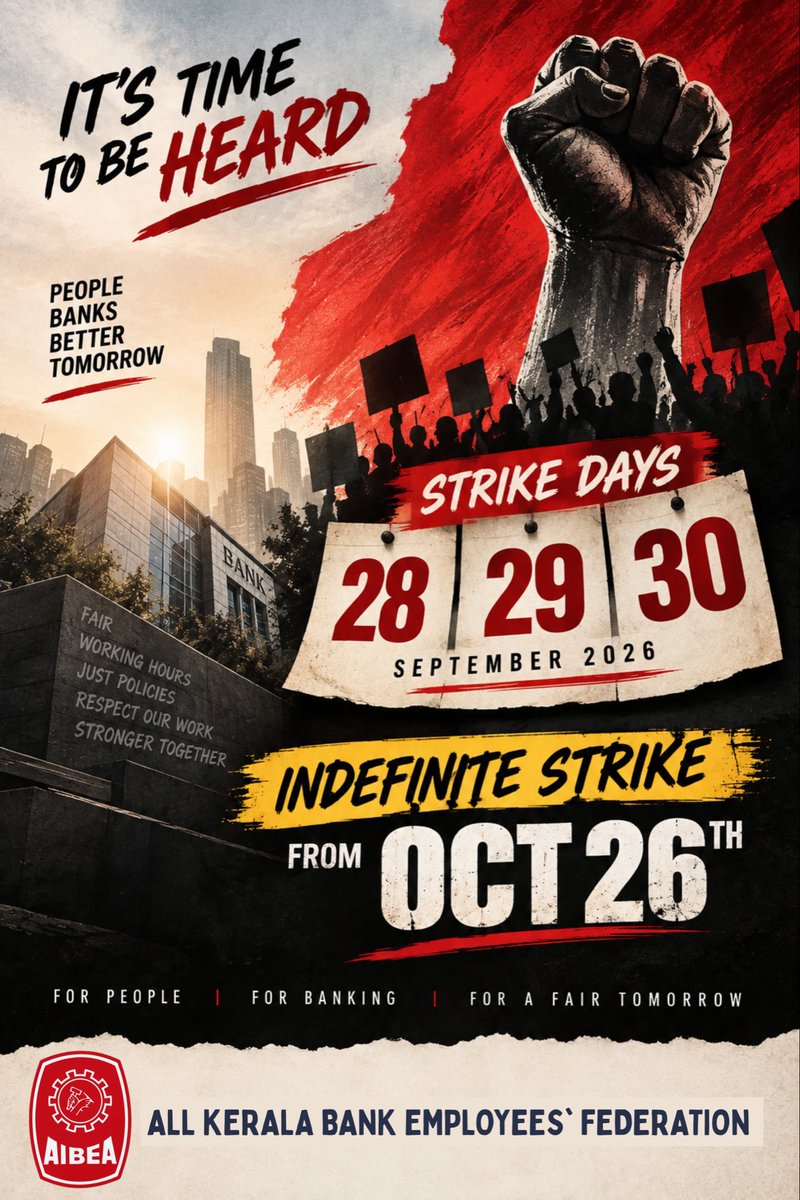 akbefkasar66518's tweet photo. #5DayBankingNow
5 DAYS BANKING — OUR RIGHT
UNILATERAL PLI — WE REJECT
PENDING ISSUES — RESOLVE NOW!
ONE VOICE , ONE STRUGGLE
ONE UNITY
UFBU ZINDABAD
5 DAYS BANKING ZINDABAD
#UFBU #AIBEA #AKBEF https://t.co/qiFqjm3ZxF