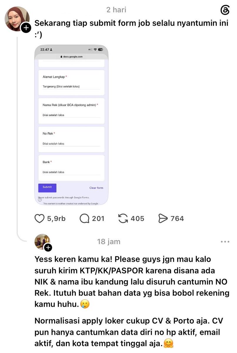 oqforwhat's tweet photo. dicatat guys! kalau isi form job jangan langsung cantumin alamat lengkap cukup kota aja. terus jangan kirim foto KTP/KK/PASPOR, karena disana ada NIK dan nama ibu kandung!! https://t.co/VBqOX1hE2T
