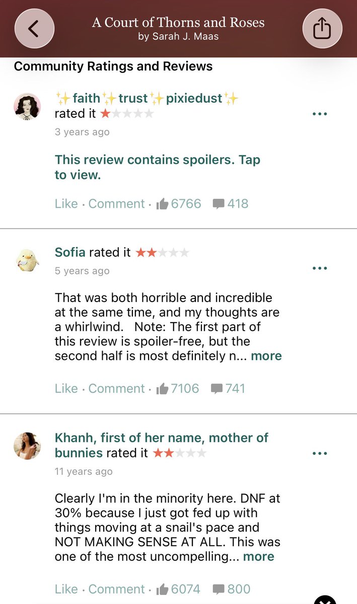 iffyillies's tweet photo. @EnanoPancracio Well no because they’re not being rated against each other. And, anyway, for a “slop” book there will be low reviews in the top reviews. This is ACOTAR. Goodread actually still has a lot of people using the review feature to review, unlike Letterboxd which prioritizes jokes. https://t.co/WJRoGWCsQx