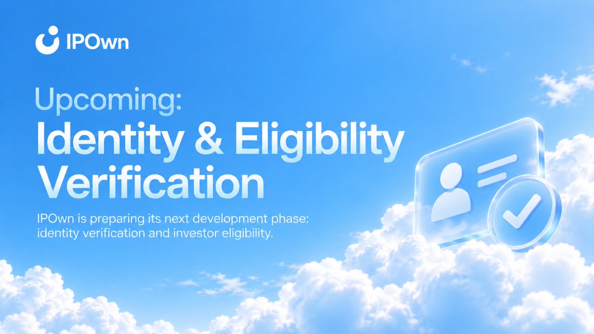 IPOwn_Stock's tweet photo. Upcoming: Identity & Eligibility Verification
IPOwn is preparing its next development phase: identity verification and investor eligibility.

This phase will introduce KYC and AML screening, country eligibility checks, sanctions screening, and verification status tracking. These safeguards are necessary before users can access supported IPO opportunities through regulated partners.

The planned process will be simple:

🔵Connect your wallet and account.
🔵Complete identity verification.
🔵Confirm your country and investor eligibility.
🔵Receive a verification status.
🔵Access supported opportunities when live participation becomes available.

We will only store the minimum information required. Sensitive identity documents will be handled by a specialized verification provider, not stored directly by IPOwn.

Wallet monitoring and account infrastructure are live now. Identity verification, live offerings, funding, and allocation are upcoming integrations. $IPOWN