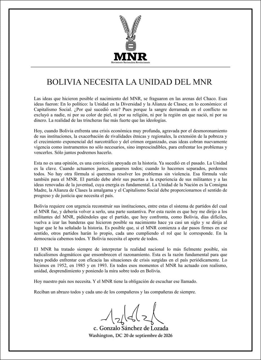 JohnArandia's tweet photo. Ante la crisis económica, rivalidades, pobreza, n4rcotráfic0 y crimen organizado, explica su escrito. 

Gonzalo Sánchez de Lozada llama a sus militantes a rearticular el MNR "con puertas abiertas e ideas renovadas de la juventud".
John Arandia Periodista https://t.co/nFdH0n6rqD