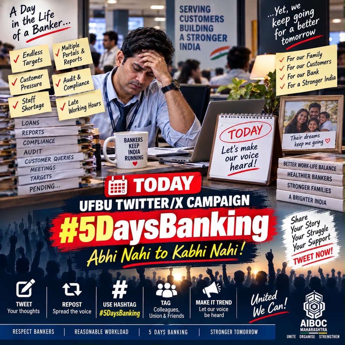 gbjadhav007's tweet photo. UFBU has called for demonstrations and strikes to highlight the need for 5-day 
banking; we must unite for this cause! #5DayBankingNow #AIBOC @PMOIndia https://t.co/7y8FYaPp7f https://t.co/BpvUO9hMlm