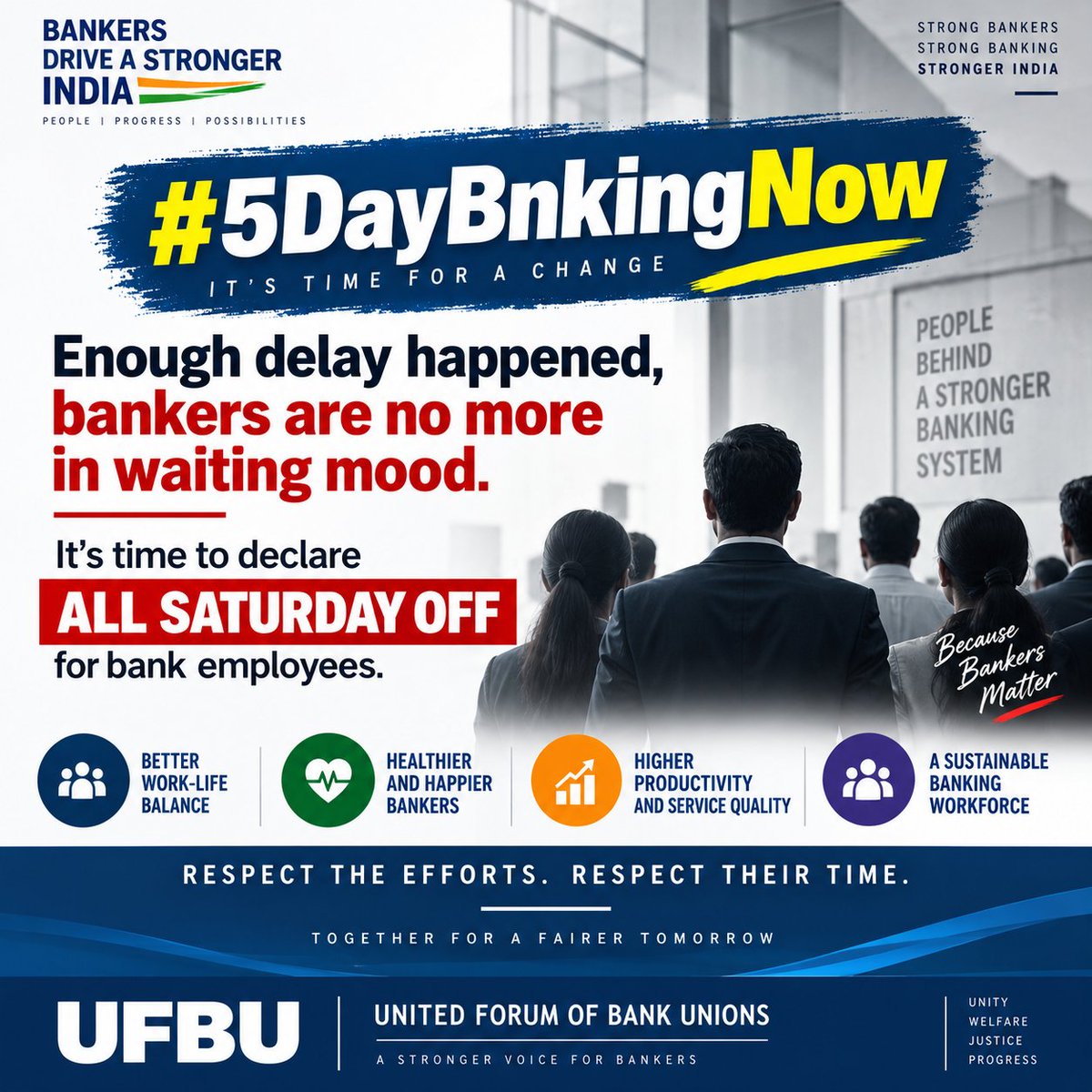 UBOA_Gujarat's tweet photo. 🚩🚩🚩
A 5-day banking week is about more than weekends

it’s about well-being, work-life balance, and better service for customers. 

A healthier and more rested workforce can contribute to a stronger banking system.

#5DayBankingNow 

@aiubof @redhurocks @RMithileshSingh https://t.co/CUGn0zdUhY