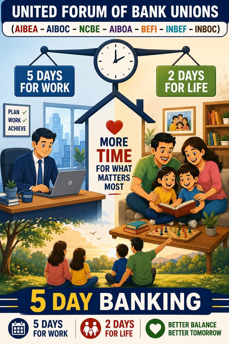 KulPrasad17's tweet photo. 🚨 Saturday is for life, not routine banking!
Families wait. Children wait. Personal commitments wait.
It’s time to make the banking week 5 days.
5-DAY BANKING NOW! ✊⚡
#5DayBankingNow
#UFBU #AIBOC #FBOIOA
@fboioa_india @nilesh_pawar15 @aiboc_in @UFBUIndia @NigamBrahmbhatt https://t.co/LMve86MzBc