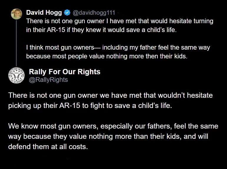 Sassafrass_84's tweet photo. I’ll take things that never happened for 500 Alex. David is delusional. Not one gun owner would give theirs up. Good guys with guns protect against bad guys with guns. https://t.co/rzuY6sZU4j