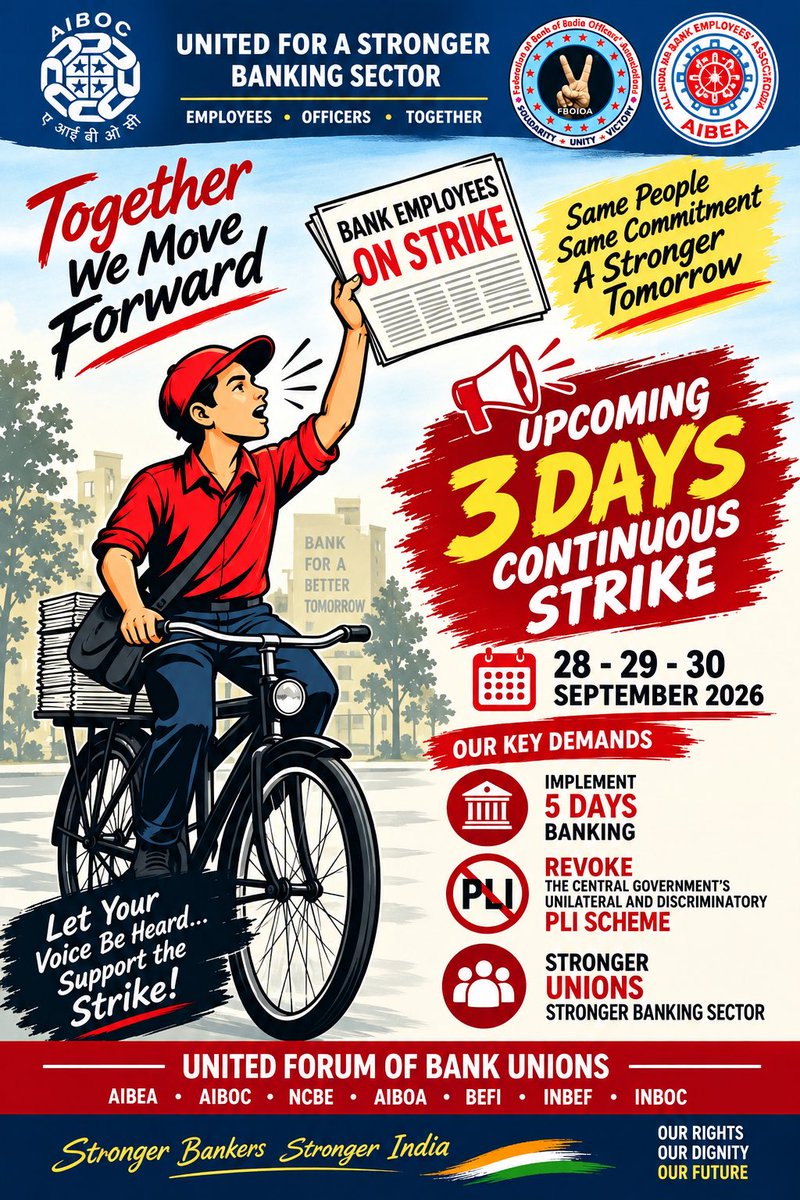 sachinvats142's tweet photo. Together we stand. Together we strike.✊

28–30 Sept 2026 - 3 Days Continuous Strike
For 5 Days Banking &amp; Fair PLI.
For unity, dignity &amp; justice.

Our Unity. Our Strength. Our Voice.

#5DayBankingNow @fboioa_india @nilesh_pawar15 @sanjaybpi @AbhishekBOIOA @aajtak @ANI @PMOIndia https://t.co/ROMQJtYKZu