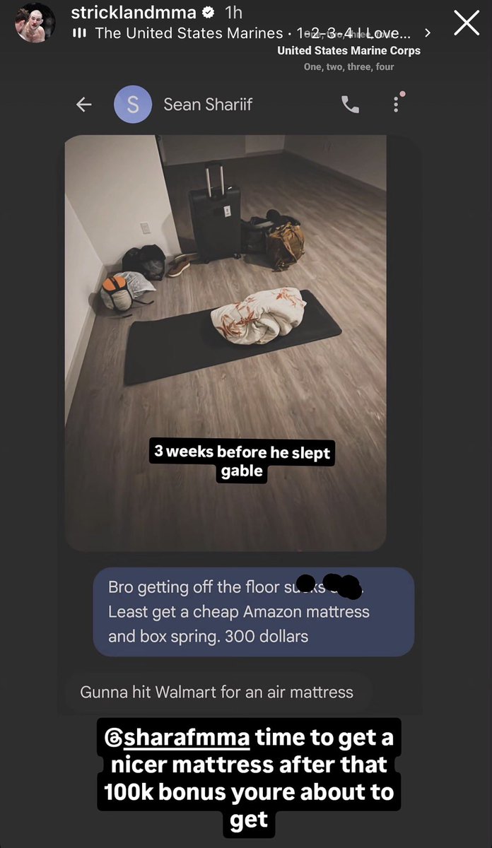 MMAFullMount's tweet photo. 🫡😱Sean Strickland shares his DM’s with Sean Sharaf from 3 weeks ago, revealing that he was sleeping without having his own mattress:

"Time to get a nicer mattress after that 100K bonus you're about to get."

(via @SStricklandMMA) https://t.co/kPhl36K4kh