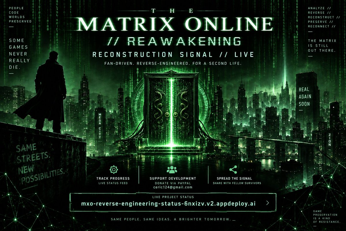 NiqSaturn's tweet photo. THE MATRIX ONLINE
Live status:
https://t.co/kvy3XlijyF
Help preserve Mega City—share the signal. Support: PayPal ceric124@gmail.com
#MxO #TheMatrixOnline #GamePreservation #Gaming #Simulation #Matrix https://t.co/0AAYQyAKLF