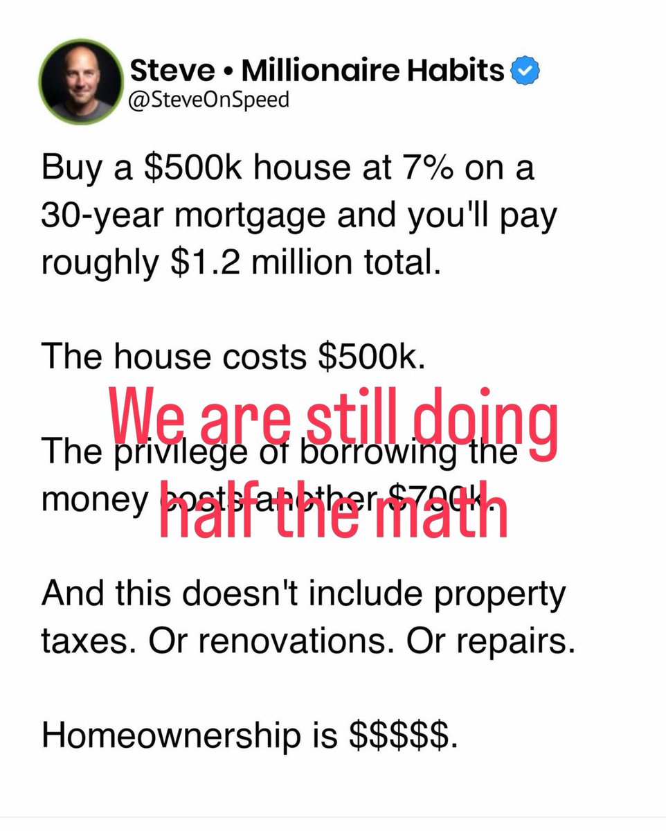 KanesREGroup's tweet photo. People keep acting like they discovered mortgage interest.

“$500K at 7% costs almost $1.2M over 30 years.”

Yes.

And if that $500K house appreciates:

3% for 30 years = about $1.21M
4% = about $1.62M
5% = about $2.16M

You don’t only get the debt.

You get the asset.

You may also get principal paydown, leverage, tax benefits if you qualify/itemize, and a fixed loan payment while rent keeps moving.

Does that mean every house is smart?

No.

Buying too much house is stupid.

But “interest exists, so homeownership is a scam” is half the math pretending to be financial advice.