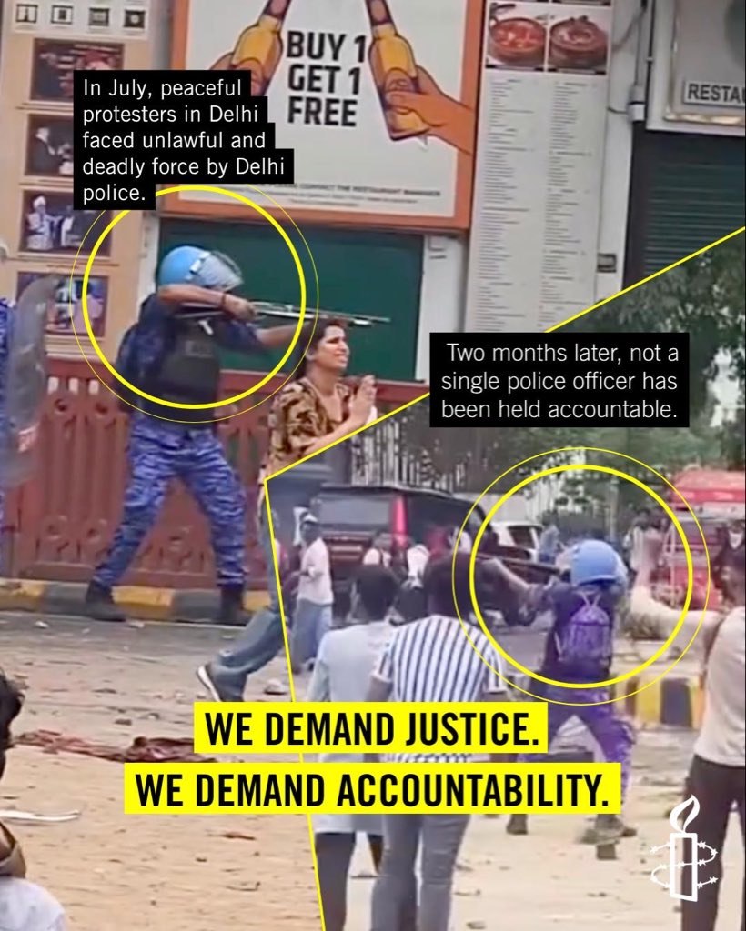 AIIndia's tweet photo. In July, Delhi police deployed unlawful and deadly force against peaceful protesters at the Cockroach Janata Party (CJP)-led “Chalo Sansad” march. Two months later not a single police officer has been held accountable! https://t.co/qw5NDQFGSN