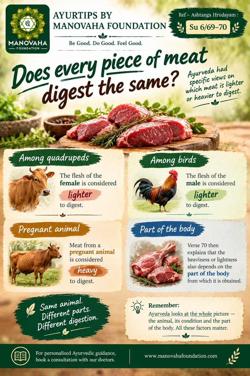 ManovahaF's tweet photo. Does every piece of meat digest the same?
Su 6/69–70 looks at sex, pregnancy and even the body part when describing meat as lighter or heavier to digest.
A fascinatingly detailed view of Ahara.
https://t.co/XeM9zzQqdq
#Ayurveda #AyurTips #AshtangaHrudayam #AharaVijnana https://t.co/vlN7ToPf7S