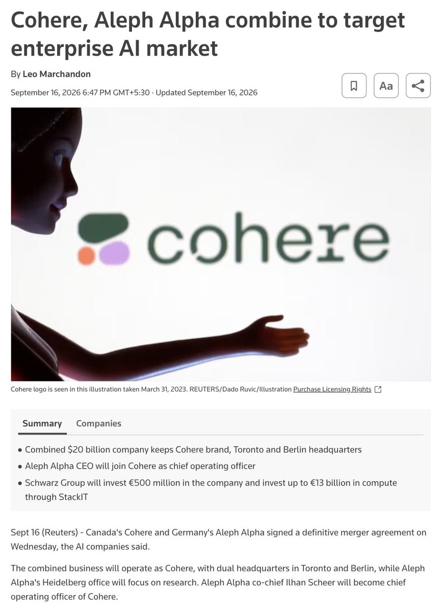 shawnchauhan1's tweet photo. The merger nobody in Silicon Valley is talking about might matter more than the next model release.

Cohere and Aleph Alpha just combined into a 1,000-person company valued near 20 billion dollars.

Neither company is chasing the top spot on a benchmark leaderboard.

Both built their business on running inside a customer's own infrastructure, not inside someone else's API.

Enterprises don't actually want the smartest model available.

They want to know exactly where their data goes and who can see it.

That is a bet against lock-in, and it just got a lot bigger.