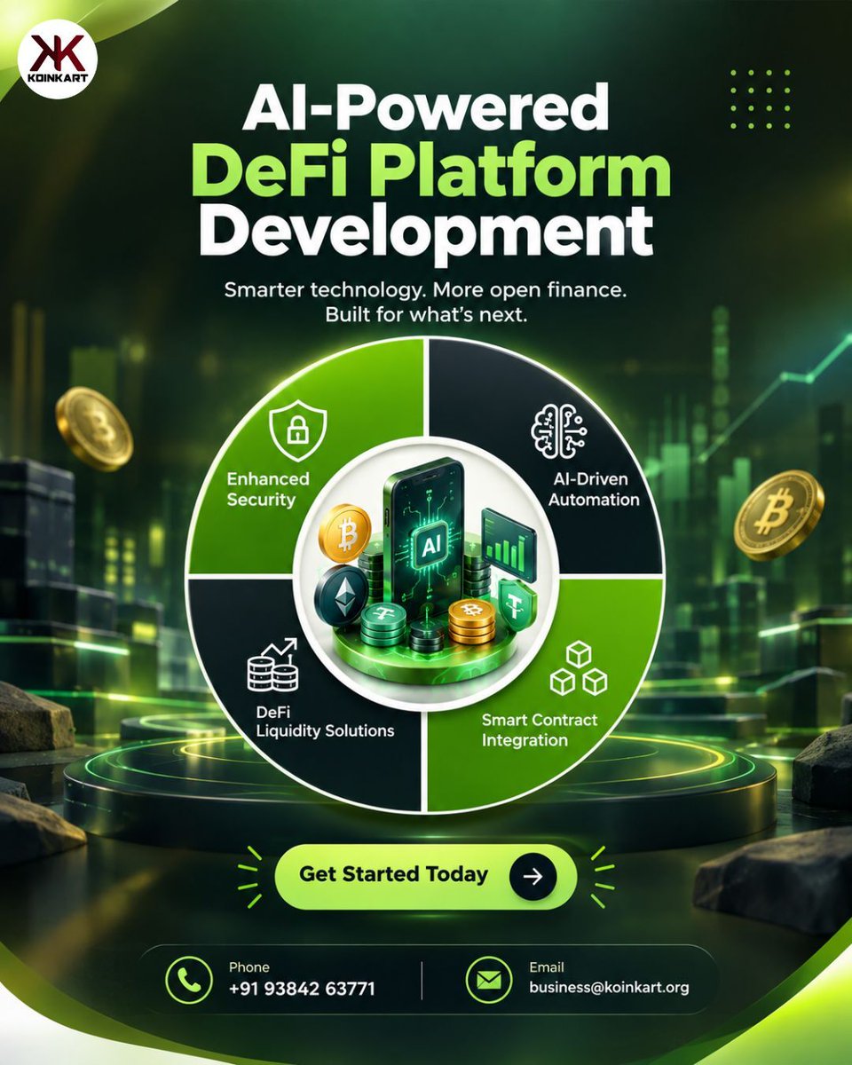 KoinKart's tweet photo. AI-powered DeFi platforms combine AI-based analysis with blockchain technology to automate predefined financial activities. They can support market analysis and smart contract-based workflows.
Visit as>> https://t.co/fikiB94VMJ
#aidefi #defiplatformdevelopment #defi https://t.co/SyJJuru7I9