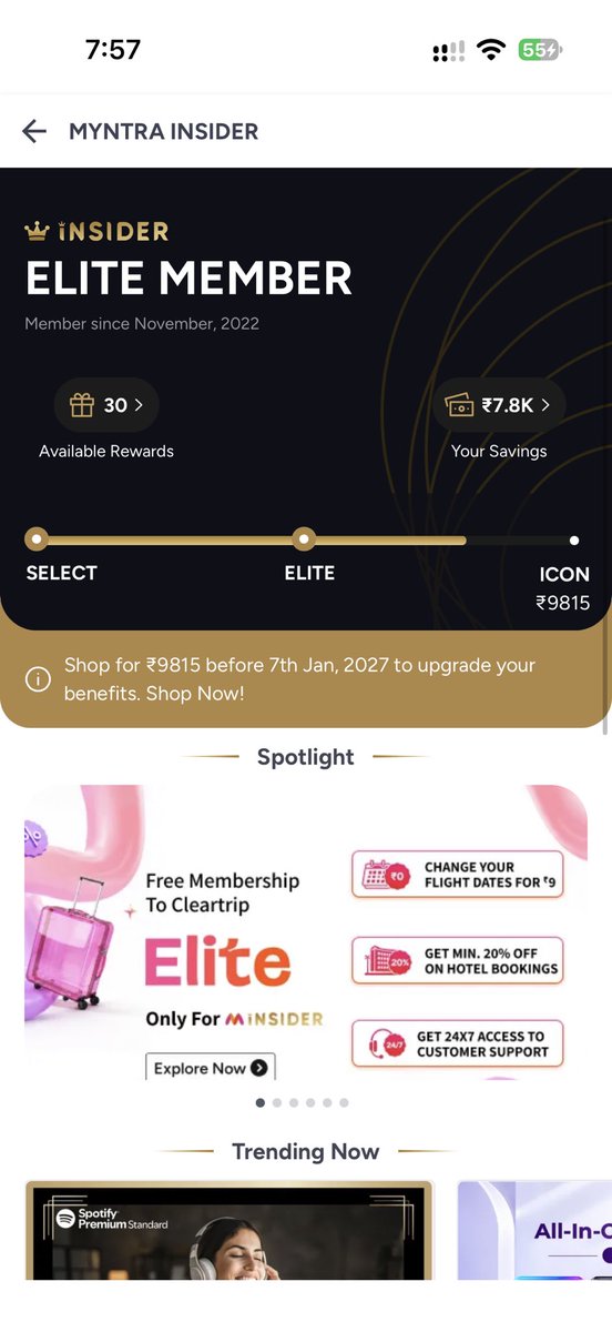 morewithcards's tweet photo. Myntra Insider Elite/Icon members get Cleartrip Elite membership. ✈️👀

And the benefits are pretty interesting:

✈️ Flight date change for just ₹9
🏨 20% off on 3 domestic hotel bookings
🎁 Up to 100 SuperCoins on each flight & hotel booking
🌴 15% off up to ₹5,000 on holiday packages

#Myntra #MyntraInsider #Cleartrip #Travel #Supercoins #TravelDeals