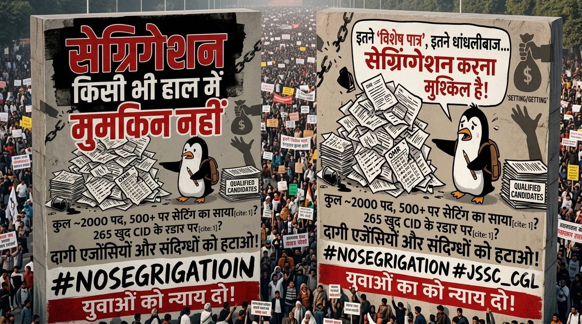 jharkhandi65's tweet photo. जब परीक्षा से  एक दिन ही पहले   पेपर नेपाल से लेकर बिहार-बंगाल तक बंट चुका था, 1200+ सीटें के लिए 🗞️ प्रश्न पत्र उतर  रटवाई  गई और 265 सीधे  सीआईडी के रडार पर हैं, तो किस बात पर की सेग्रिगेशन की बात हो रही है?  @RahulGandhi  @HemantSorenJMM          #NoSegregation #jssccgl_scam https://t.co/CfeQgamXhu