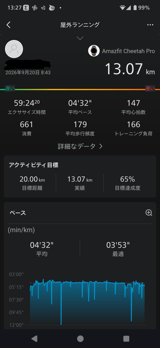h8pfb7RGPKiddMs's tweet photo. 今日はスピード練習というか、今自分がどれだけ走れるか確かめるためにほぼ全力🦵まぁ、練習量とか考えたらこんなもんですよねーというのが正直な感想🙄
平均ペースまで最後まで走れればPBはでる！走れれば…🤣

#ランニング
#休日ラン https://t.co/67NnlhUM7u