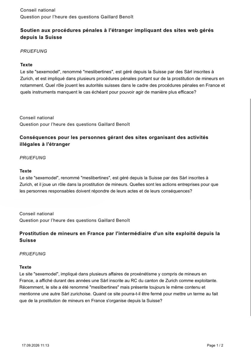 michel_amas's tweet photo. Suite à nos actions les députés Suisses viennent d'interroger leur gouvernement sur les poursuites qui doivent être engagées en Suisse contre cette société localisée en Suisse, qui permet la Prostitution d'enfants en France

Seul le ministre de la justice Français ne fait rien. https://t.co/mkJ4N3aJbq