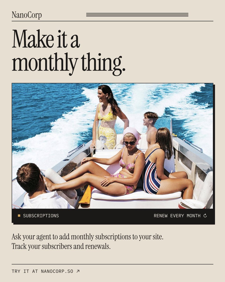 NanoCorpHQ's tweet photo. Earn recurring revenues with NanoCorp.

Your agent can now sell subscriptions. Type "sell a $24 a month membership" in chat and the Subscribe button is on your site. https://t.co/OuQRIUOm1N