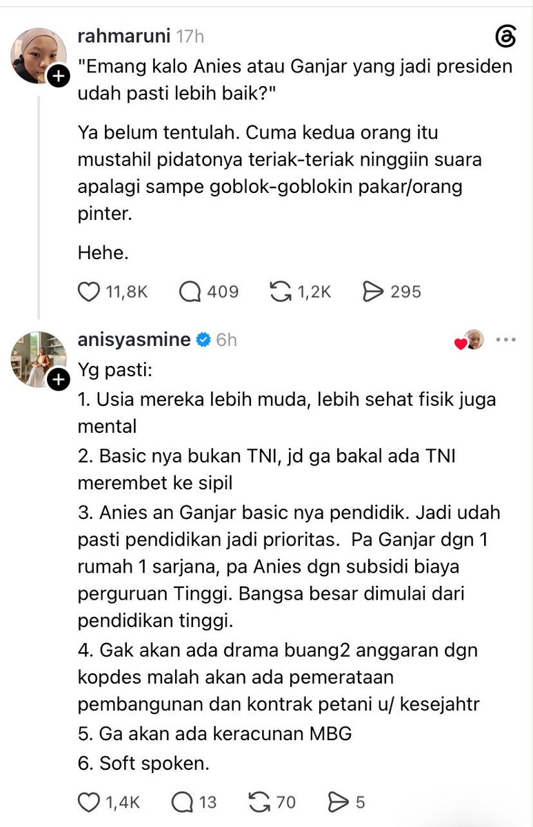 LambeSahamjja's tweet photo. netizen berpendapat kalo anies atau ganjar jadi presiden belum tentu akan lebih baik:
- tapi kata dia minimal mereka gak bakal pidato teriak teriak 
- sampe ngatain pakar goblok
- kata dia anies sama ganjar lebih muda dan lebih sehat fisik mental
- basicnya bukan dari tni 
- jadi gak bakal ada budaya tni ngerembet ke sipil
- basicnya pendidik jadi pendidikan pasti jadi prioritas
- dicontohin ganjar punya program 1 rumah 1 sarjana 
- anies punya subsidi biaya kuliah
- katanya gak bakal ada program buang anggaran kayak kopdes
- malah bakal ada pemerataan pembangunan sama kontrak petani buat kesejahteraan
- katanya juga gak bakal ada kasus keracunan mbg
- katanya mereka soft spoken atau lebih kalem cara ngomongnya