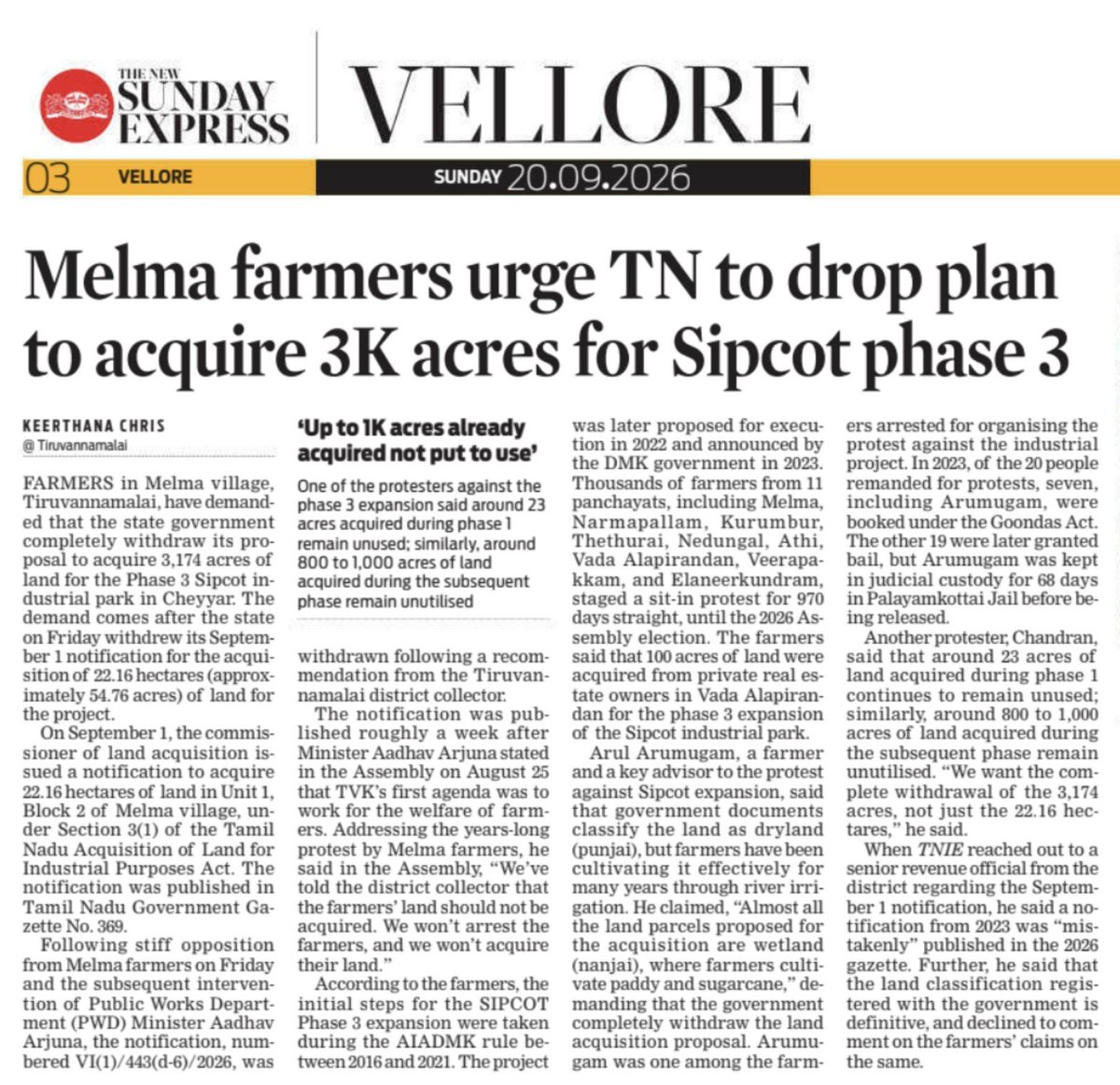 nimishaspradeep's tweet photo. Following the govt's withdrawal of  proposed land acquisition of 22.16 hectares for SIPCOT phase 3 expansion in Melma, #Tiruvannamalai, farmers urge officials to drop land acquisition for the entire 3,174 acres proposed for the expansion @keerthanachris ✍️ in today's @xpresstn https://t.co/AiyOVTLdoZ