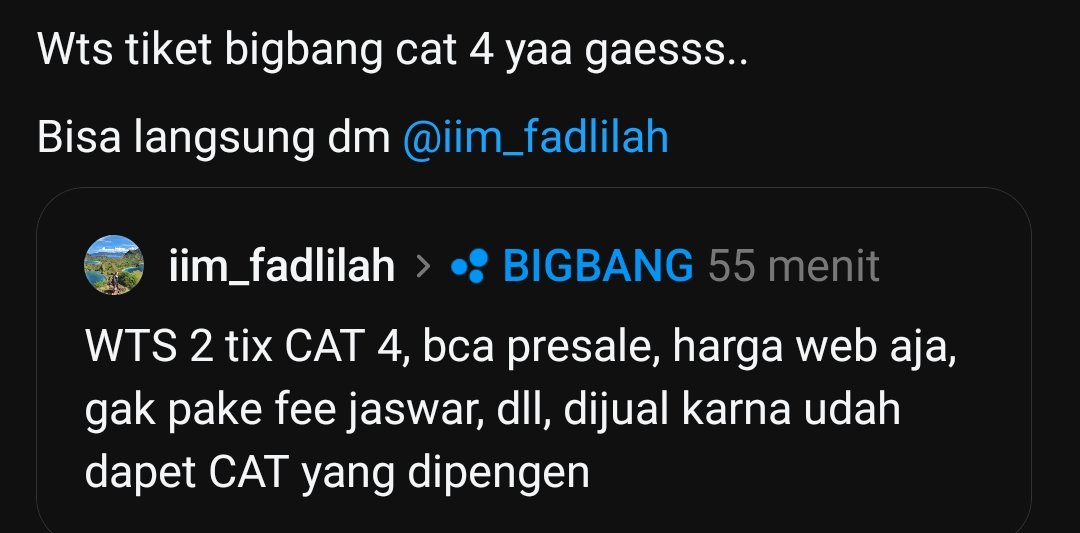 tweweweweweng's tweet photo. Gaesss info wts tiket bigbang CAT 4!
Bisa cek threads/ig nya yaa https://t.co/8X1DT5kwoi