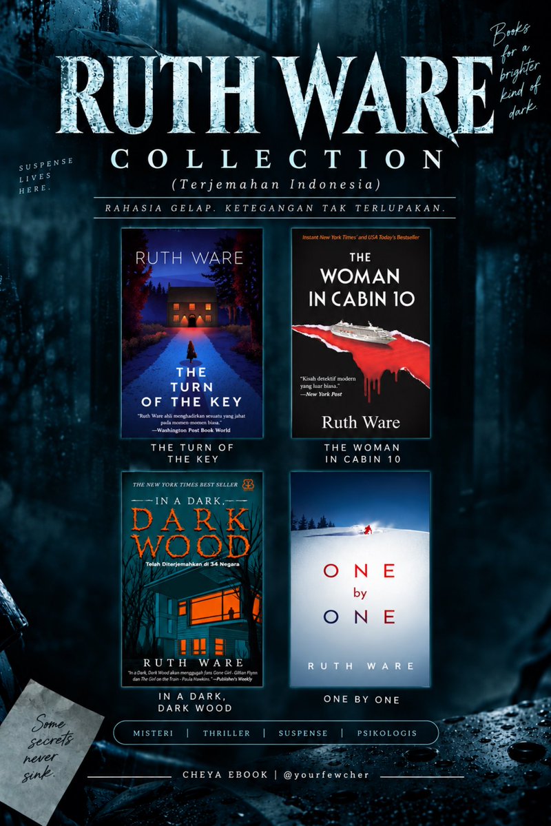 yourfewcher's tweet photo. WTS EBOOK NOVEL SERIES
☆ Ruth Ware

Suite 11
It Girl
One by One
Zero Days
In a Dark Wood
The Woman in Cabin 10
Turn of the Key
One Perfect Couple

— PDF EPUB Kindle
— CTM: Crime Thriller Mystery

wtb buku ada jual jasa beli cari mau punya terjemahan indo eng e-book e book review https://t.co/RTLA4XlMAg