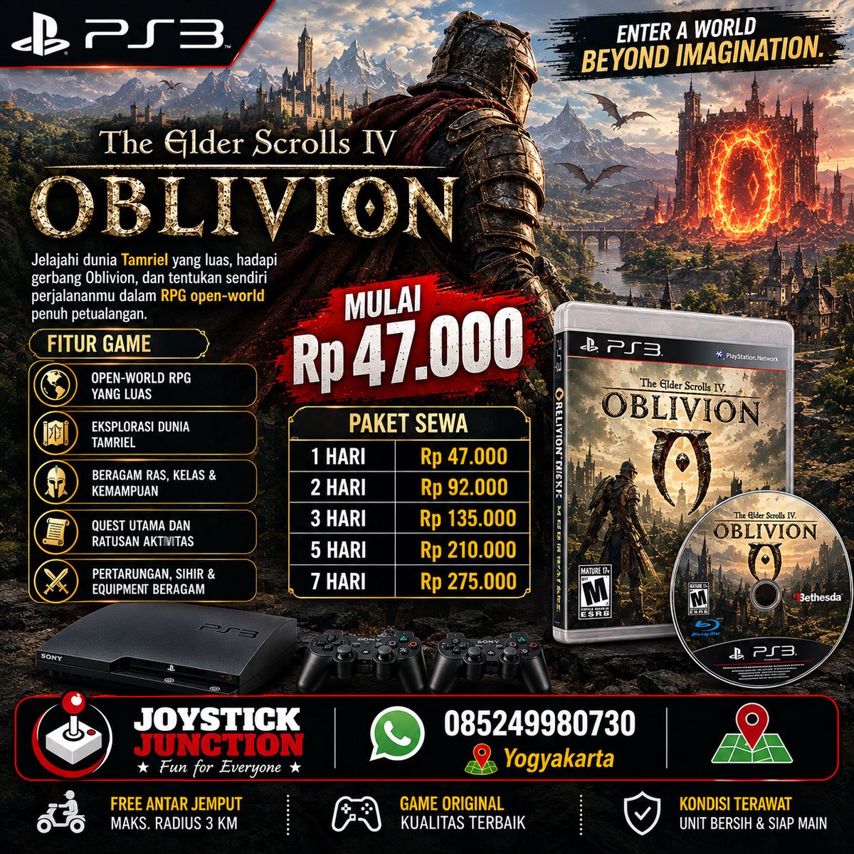 JJyogya's tweet photo. ⚔️🐉 JELAJAHI DUNIA FANTASI YANG LUAS!

Masuki dunia The Elder Scrolls IV: Oblivion di PS3 🎮🔥

🔥 Siap memulai petualanganmu di Cyrodiil? Sewa PS3 sekarang di Joystick Junction

JOYSTICK JUNCTION — Fun for Everyone
📱 WA: 085249980730

#sewaps #joystickjunction #jogja https://t.co/FUFL2cSu0f