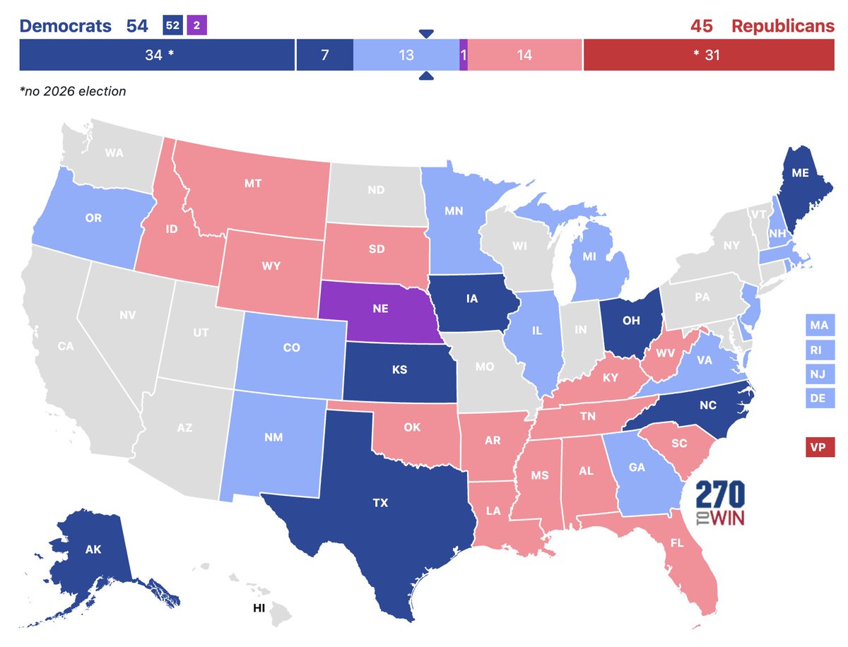 StatisticUrban's tweet photo. If Dems had a massively successful night and picked up every Senate seat where they have >20% odds in Nate Silver's forecast, this would be the map:

55D-45R, 8 flips. Almost a reverse 2014. https://t.co/KFWkpgkPOf