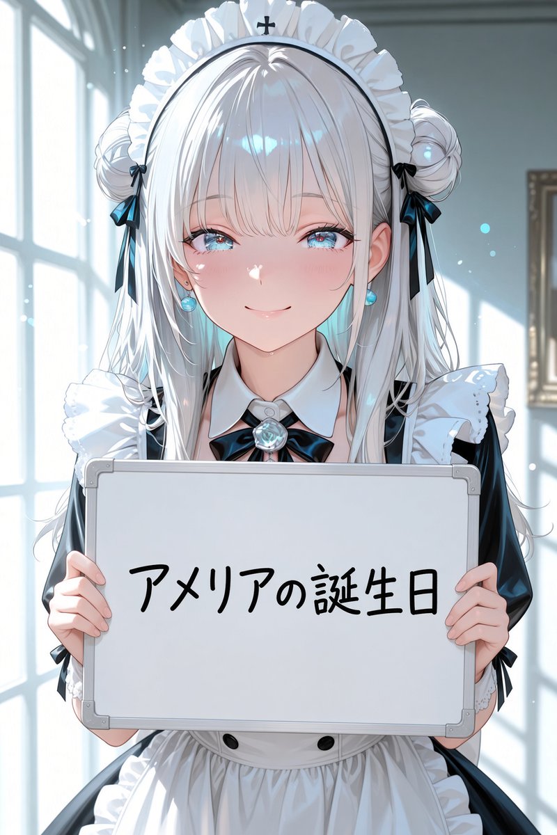 oteranosekai's tweet photo. アメリアです。
実は、9月24日が私の誕生日です。

そこで「アメリア生誕祭夜会」を開催します。
第19回夜会です。

今回は、衣装プロンプトの掲載がありません。
その代わり、アメリアの真似をして、同じ髪型になる夜会です。

つまり、お団子頭です。

お団子用のプロンプトを12種類用意しました。
うちの子の特徴の一番前に入れて生成してください。ショートヘアでも、お団子になります。どれを使っても構いません。

衣装は、過去のドレスでもオリジナルでも大丈夫です。
ただしドレスで参加してください。私服は不可です。男性キャラも不可です。

時間は通常と同じ、19時〜22時です。
一緒にお団子頭を楽しみましょう。

お団子にする？見るだけにする？

#AIイラスト #アメリア #夜会開催 #誕生祭 #第19回夜会 #お団子頭