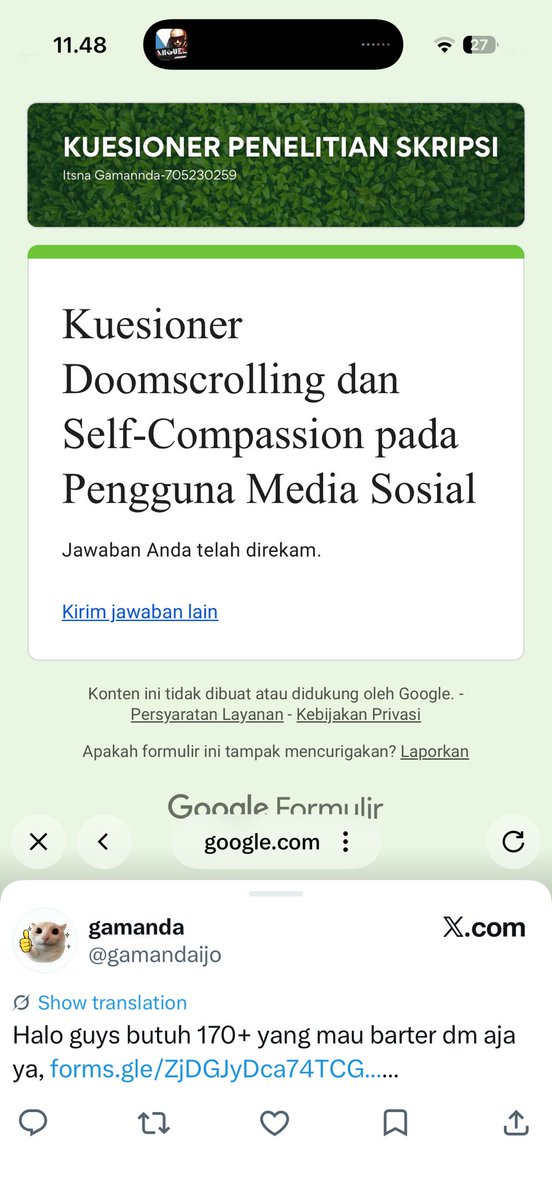 risqawho's tweet photo. @gamandaijo @himekahaniii done kak, ini link kuesionerku https://t.co/QyZxZ2BmKu https://t.co/4xdEiI0wWa