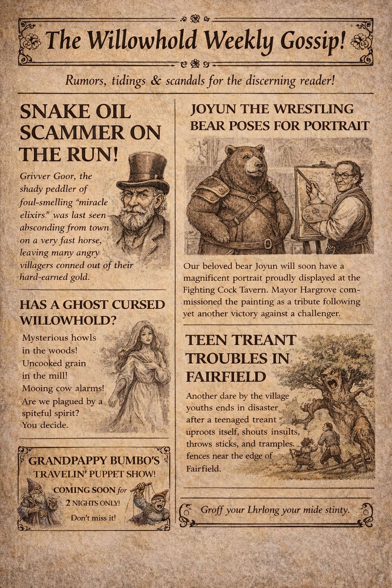ElsewhereArch's tweet photo. Fantasy Ephemera - A page from The Willowhold Weekly Gossip

#FantasyArt #WorldBuilding #TheElsewhereArchive #FantasyLore #Ephemera #newspaper https://t.co/Y6s9DGk1zV