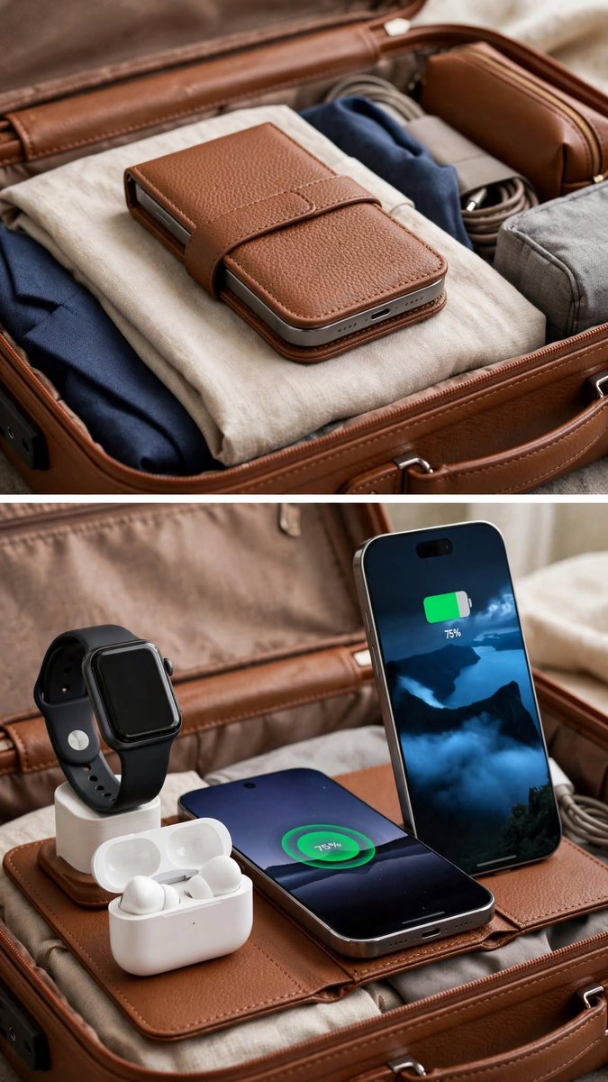 step_heart37433's tweet photo. One dock to charge them all ⚡️

This foldable 3-in-1 charges iPhone + Watch + AirPods at once. Fits in my pocket. Desk = clean.

Comment "CHARGER" and I'll DM you the link! https://t.co/mUDLZ3Dqg5
