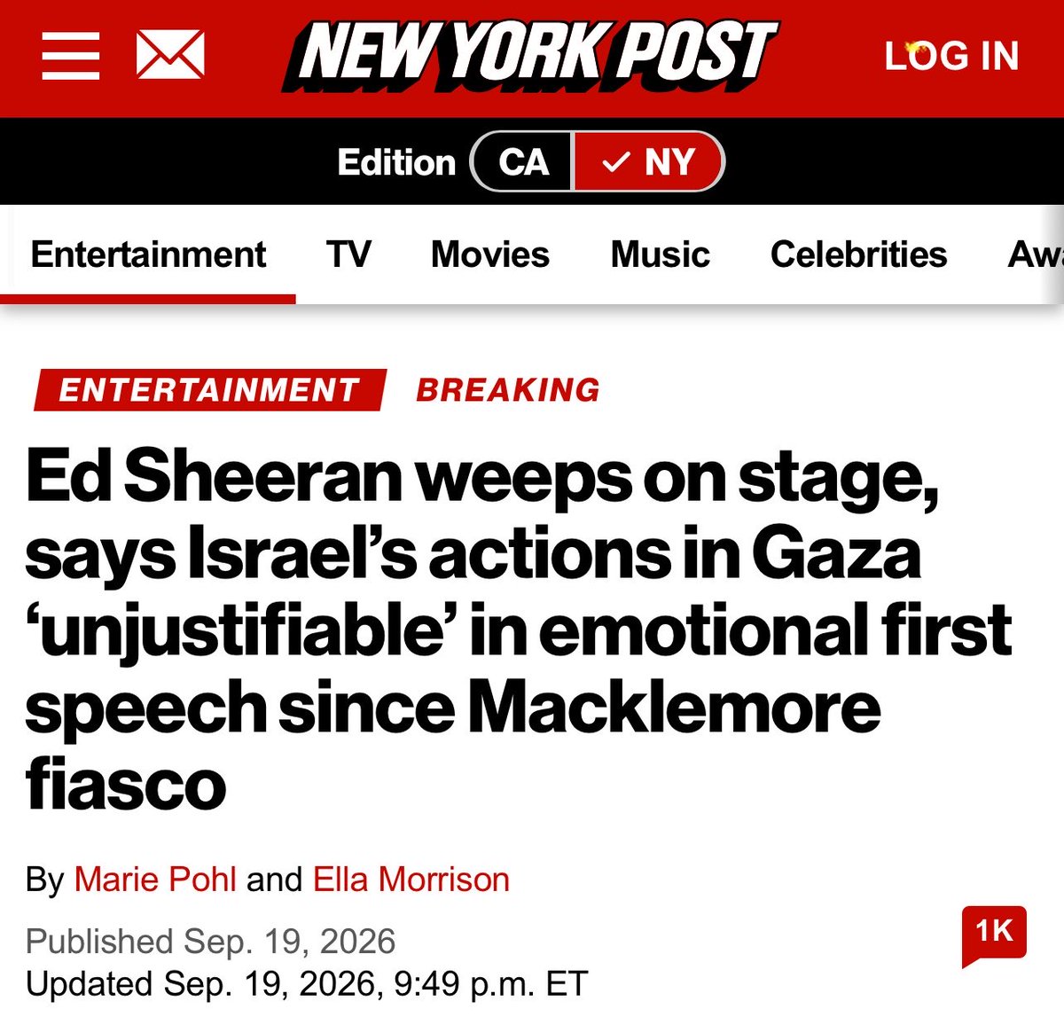 LizaRosen0000's tweet photo. Breaking: Ed Sheeran bows to the Free Palestine (Hitler Youth) movement, calling Israel’s attempt to stop Hamas “unjustifiable and disproportionate.”

As an expert on proportionality, Ed insists more Jews must be raped, murdered and kidnapped to earn his permission for Israel to force Hamas to disarm.

How many dead Jews will make it okay for Israel to prevent the next October 7 that Hamas has vowed to repeat?