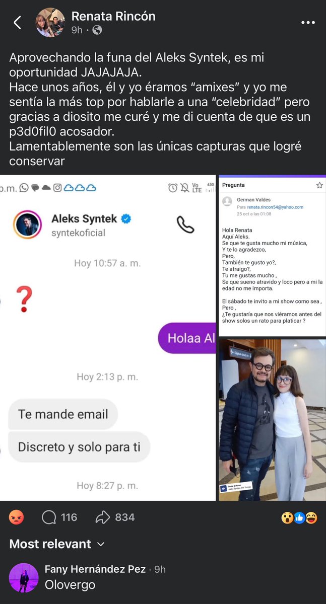 freakhades's tweet photo. Me encontré el post de una chavita en Facebook compartiendo sus convos con Aleks Syntek y debería estar aquí también!!! https://t.co/eTnVZGJGo5
