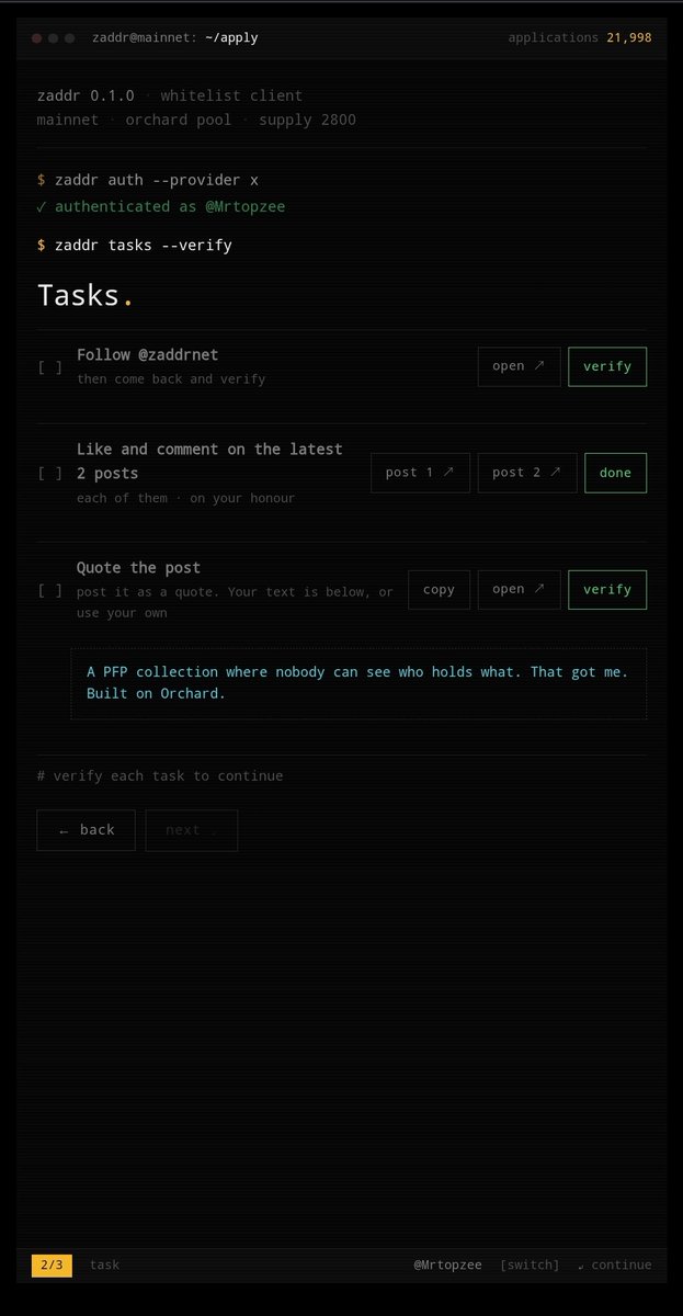 Mr_chegbe's tweet photo. Detailed guide on applying for @zaddrnet 

zaddrnet is a pretty unique PFP collection you don't want to miss
 
> go to https://t.co/yKFGfoieh7 

>click on sign in with your x account

>approve sign in when asked, its safe lol

complete the Twitter tasks as shown in the image https://t.co/C2ijr1syFG
