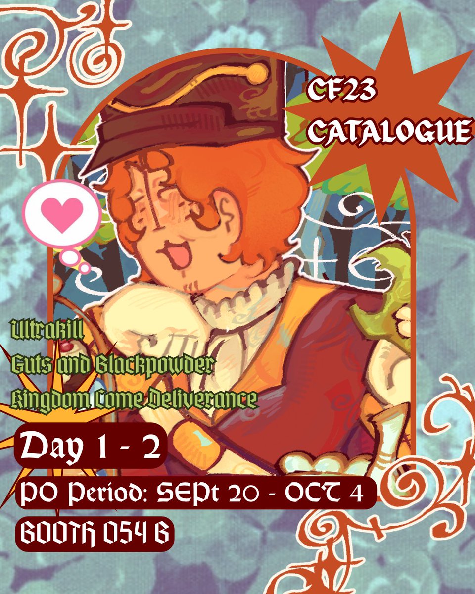 Eggy_Patootie's tweet photo. [🔄&amp;❤️ are appreciated!]  

Our #CF23 PO is now open!  

📅 20 Sept - 4 Oct 
📍 Pick-up (Both days) 
🔗 Form &amp; Full #CF23Catalogue below!  

https://t.co/MN1pthFVwZ

🍎 Guts and blackpowder (GNB), Ultrakill, Kingdom Come Deliverance (KCD) (1/2) https://t.co/GF3MO2C3FR