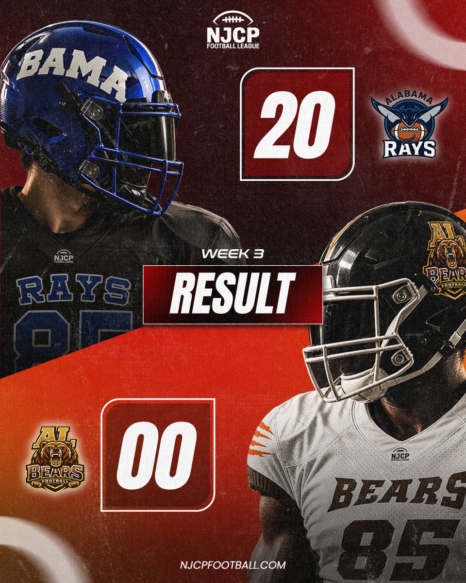 NJCP_Football's tweet photo. "The Battle of Alabama" is in the books! The Alabama Rays came out strong and blanked the Alabama Bears 20-0 in this Week 3 in-state showdown. 💥 Nothing but respect for both squads leaving it all on the field. Tag the player who impressed you the most today in the comments! https://t.co/0V7JH4ML27