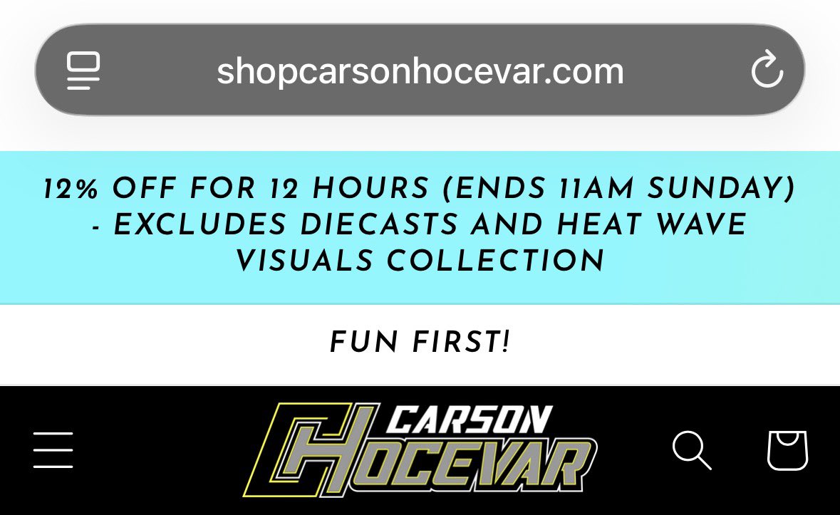 Motorsport's tweet photo. Carson Hocevar has a 12% off discount on his merch page after punching Ryan Blaney… who drives the 12 car. 🥊 https://t.co/c10AsGpEgw