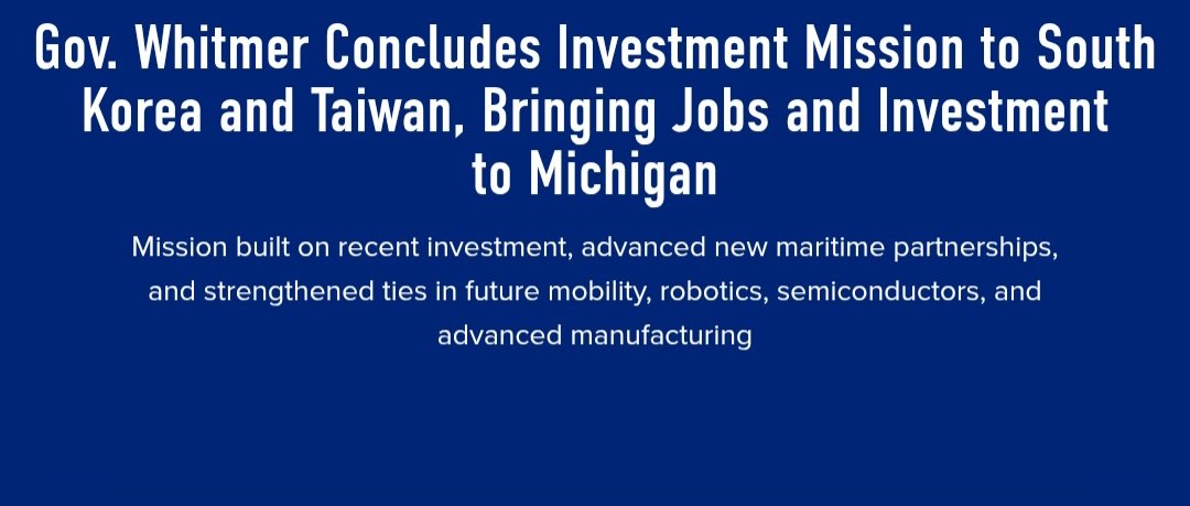 Factory_Signal's tweet photo. Michigan wrapped its investment mission to South Korea and Taiwan on Friday after meetings focused on robotics, semiconductors, drones, mobility and advanced manufacturing. The state also highlighted recent Michigan expansions tied to Korean automation and mobility firms. https://t.co/leQkYnr3vR