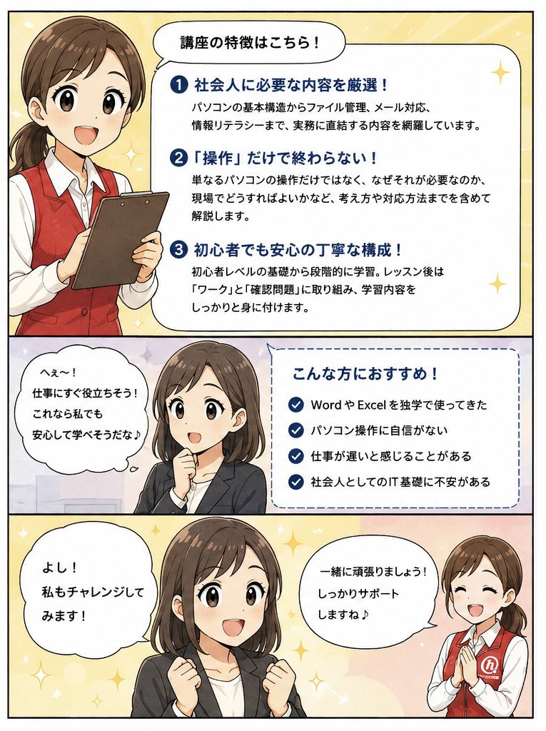 hinode_hello's tweet photo. 「パソコンできます！」
……って言える自信、ありますか？👀💻

ハロー！パソコン教室では、
✔️ Word・Excel
✔️ ファイル管理
✔️ メール対応
✔️ 情報リテラシー
など、仕事で役立つPCスキルを基礎から学べます✨

「独学でなんとなく」から卒業しませんか？🙌

📍イオンモール日の出校 https://t.co/VhnxpnecsN