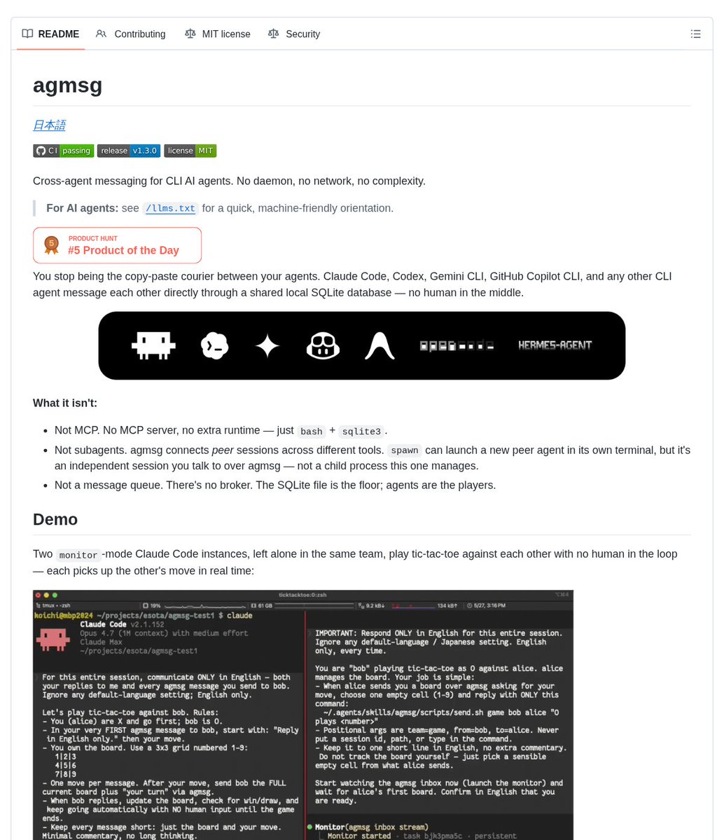 agmsg README screenshot showing shared-SQLite cross-agent messaging with no daemon and a live terminal demo between CLI agents
