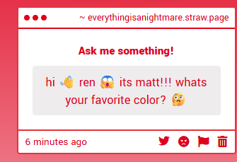 K1TT1EZ1NTH3SKY's tweet photo. hello matt !! my favorite color is a deep red, or a very cute pink !! https://t.co/eBoXXjbx19