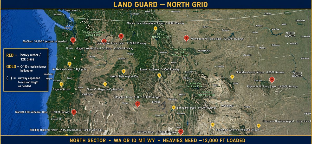 smartwildfires's tweet photo. 🌍IT’S TIME WE HAD THIS CONVERSATION 🌍

The West did not have “bad fire years.”

For a decade we watched towns vanish, mills go dark, timber rotations get wiped, and insurance walk off the field.

Then we called another seasonal surge a strategy. 

2015–2025 IS THE BILL
• Official U.S. wildfire disasters, 2016–2025: about $170 billion
• Federal suppression, 2015–2025: $25 billion — that is only the chase
• CA / OR / WA private timberland: $11.2 billion value hit
• Oregon, September 2020: 15 billion board feet and $30 billion of finished lumber in the fire
• Dixie, 2021: 10–12 billion board feet gone, $637 million just to fight
• Los Angeles, January 2025: $40 billion-plus insured, $76–$131 billion in capital loss — in one month
• Full-cost California: near $100 billion a year with smoke, health, and shutdowns• National high-end estimates: hundreds of billions a year

Suppression is about 9% of the real cost.
We keep funding the 9%.
That is why this is not “more tankers.”
This is a service. 

💧💧💧LAND GUARD💧💧💧

Air. Ground. Logistics. War footing.
• 50 x C-5s — heavy water, troops, dozers, engines
• 100 x 747s — mass water and mist, plus retardant and industrial / chemical / oil-fire soaps
• 100 x C-130s — short-field attack tankers
• 50 x KC-10s — range, loiter, offload• A new fleet of water bombers designed by U.S. defense and aerospace shops — lakes and reservoirs as the reload
• Chinooks, Blackhawks, Skycranes — river suck, ridge drops, hoist
• Thousands of dozers, tenders, water trucks
• ~100,000 firefighters and logisticians on western bases and converted fields
• Dedicated to replanting burned forests and lost timerland from the last 20 years

Heavies full of water need about 12,000 feet.
That is the red grid on the maps.
Gold pins take the short-field ships and helicopters onto strips we already have.
Where the pavement is short, you lengthen it.
Where there is no base, you convert the airport.

Tucson is not a graveyard. It is a factory with a suntan. Davis-Monthan holds the dead fleet. Wake them. Tank them. Send them West. 

THE MATH
This is not a $6 billion poster.
A force this size is a new service.
Aircraft, tanks, runway work, and vehicles: tens of billions to stand up.
100,000 people is the real meter: about $15–30 billion a year for crews, fuel, and heavy maintenance.
Ten years is department-scale money.
It still pencils — if you stop measuring the war by suppression.
One Los Angeles month in January 2025 already rivaled a decade of counted wildfire disasters.

Oregon’s 2020 timber exposure alone was a program.
If this force cuts even a slice of the full-cost layer — homes, lumber, water, premiums, smoke deaths — it is cheaper than what we already bought.

Paradise 2018.
Talent 2020.
Greenville 2021.
Mora County 2022.
Superior 2024.
Pacific Palisades 2025. 

THE GAP
USFS peaks around 12,000 firefighters and still says it is not enough.
CAL FIRE is about 10,000.
The West does not have a seasonal staffing problem.
It has no standing army for land disasters.

This is a National Security Threat - Protect our Lands and Cities NOW

Put our Military Industrial Complex for the good of nature, we can also help outsource this force to other parts of the planet that are having massive fires (ie Australia, Europe & South America) - Fire Response is also needed in times of war, this is a multi-level force response for all types of disasters

LAND GUARD.
Not another season.
A service.