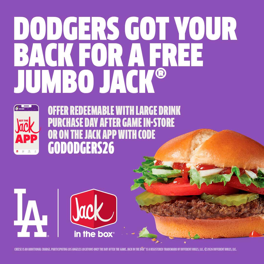 Dodgers's tweet photo. Stop by @JackBox and get a free Jumbo Jack® with a large Coca-Cola purchase, available in-store or on the Jack App with promo code GODODGERS26. https://t.co/3w2V97bedx
