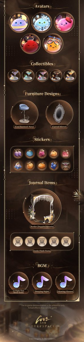 Love_Deepspace's tweet photo. 🍸️A magical blend, a secret to happiness.
New limited event [Moonlit Reserve] is coming soon!

Participate in the event, enjoy the exclusive stories, and claim [Deepspace Wish: Limited*10], [Diamond*500], Limited Collectibles, "My" Daily Outfit, Universal Accessories, and other rewards for FREE! Plus, his special Messages and Moments await!

💫Event Duration: From 05:00 on Sept. 22 to 04:59 on Oct. 10 (Server Time)
💫Exchange Shop Closes At: 04:59 on Oct. 11 (Server Time)
🍸️A Sip of Splendor: Exotic Finds & Brewed Glory & Tonight's Blend
Work with your blobbu crew to gather ingredients, brew blends, and complete orders.
Earn resources and keep growing the business!

🍸️Idea Lab: Light Up Idea Lab and Grow Your Brand
Use resources earned from A Sip of Splendor to light up Idea Lab and boost business capabilities.
Raise renown level and make your brand world-famous!

🍸️Bright Ventures: Event Exclusive Stories
Planet Studio has created a unique blobbu world for every beta tester, where a life of unimaginable wealth awaits!
Experience the exclusive story and join him in the virtual blobbu world, where fortunes are made and businesses thrive.

💫Exchange Shop: Complete Tasks & Redeem Rewards
Participate in the above events to collect the event item [Renowned Blobbu]. Reach the required amount to claim [Diamond*500] and redeem various rewards, including:
[Deepspace Wish: Limited*10], "My" Outfit [Bright Blue Signal],
General Photo Pose [Waltz], Portrait Background [Glamour & Grace], Snapshot Background [Banquet Hall],
Universal Earrings [Windswept Cosmos], Event-Exclusive Title [Affluent Business Prodigy],
Limited Collectibles [Swooned with Dream], [Brewed Snow], [Iridescent Flame], [Sip of Temptation], [White Night Mist],
Furniture Designs [Cool Barstool: Navy], [Carved Mirror],
BGMs [A Night That Never Ends], [Swaying Night], [Glowing Glasses],
Chibi Avatars, Stickers, Journal items and more!
*[Bright Blue Signal] will be permanently available in [Chocolate Shop] after the event ends in the next update. You can use [Chocolates] to redeem it.

Tap the image for more details. ↓
———

🪐Official Discord: https://t.co/hKmnBAaDqW
🪐Download and Log in Now: https://t.co/bNEP8yLymr
#LoveandDeepspace #ANightThatNeverEnds